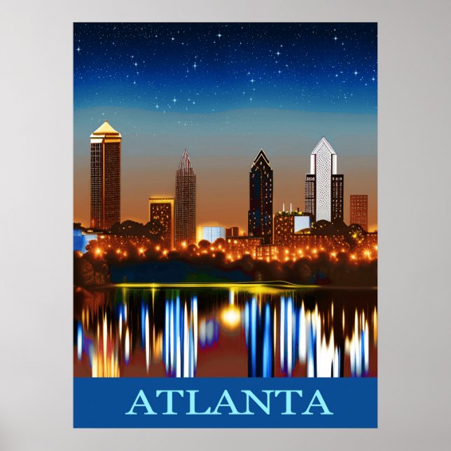 Poster Atlanta Skyline par nuit avec réflexions (Devant)