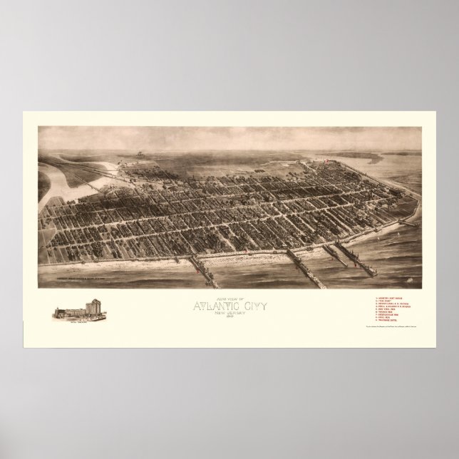 Poster Atlantic City, NJ Panoramic Map - 1909 (Devant)