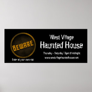 Poster Attention Maison hantée d'Halloween blanc noir