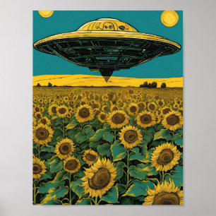 Poster Atterrissage de l'OVNI dans un champ de tournesol