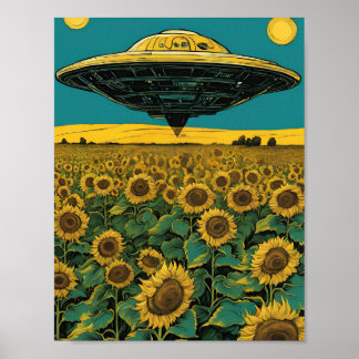 Poster Atterrissage de l'OVNI dans un champ de tournesol 