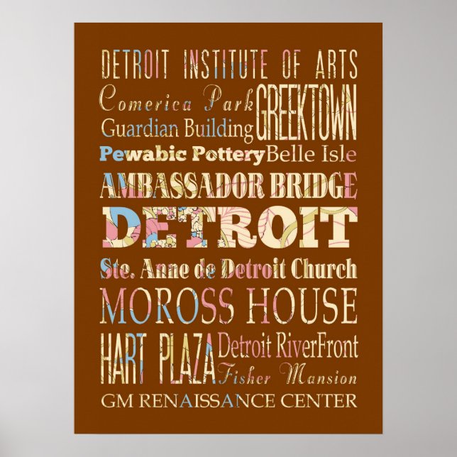 Poster Attractions et lieux célèbres de Detroit, Michigan (Devant)