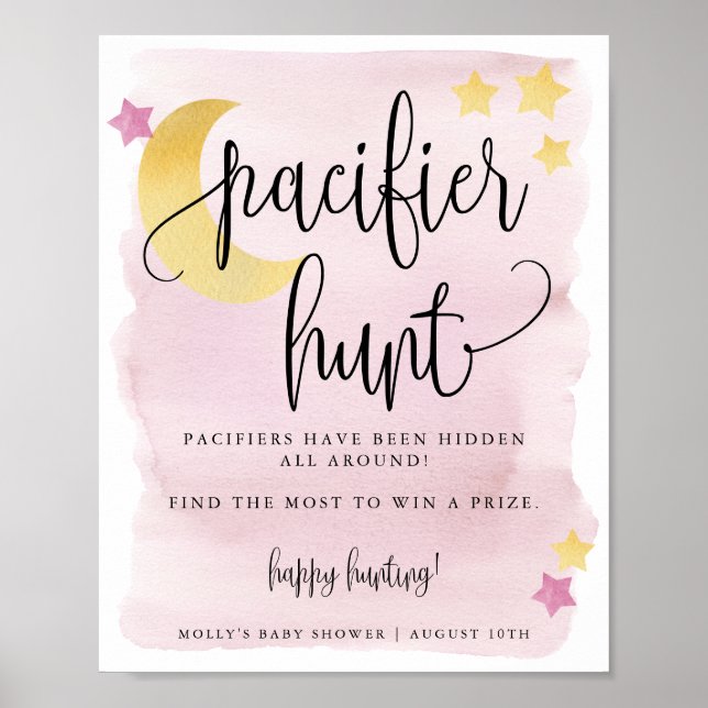 Poster Au-dessus de la lune, Baby shower rose chasse au j (Devant)