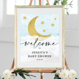 Poster Au-Dessus De La Lune Boy Baby shower Bleu Bienvenu
