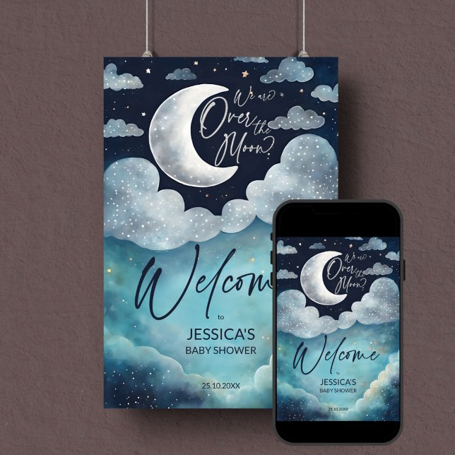 Poster Au-dessus de la lune galaxie baby shower signe d'a (We're Over the moon galaxy baby shower editable template welcome sign digital download silver moon)