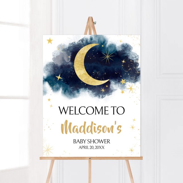 Poster Au-dessus de la lune Gold Stars Blue Welcome (Blue Twinkle Little Star Baby Shower Welcome Sign)