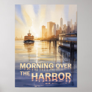 Poster Aube sur le port de New York à l'aquarelle