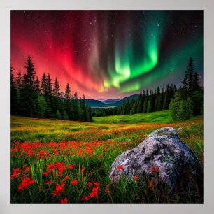 Poster Aurore Boréale illuminant une prairie pittoresque