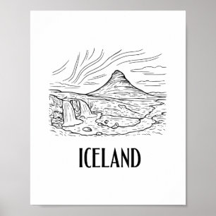 Poster Aurore Boréale Islande Dessin au Trait Vacances 