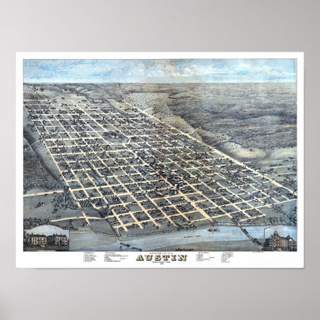 Poster Austin, Texas Antique Aerial City Carte de 1873 (Devant)
