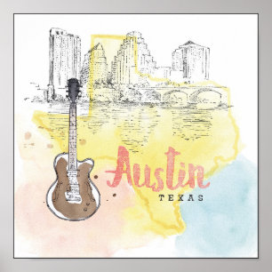 Poster Austin, Texas   Esquisse d'aquarelle