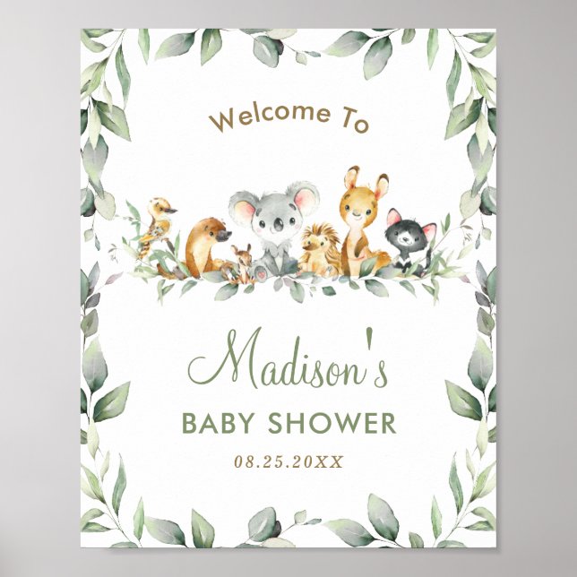 Poster Australie Animaux Baby shower de verdure Bienvenue (Devant)
