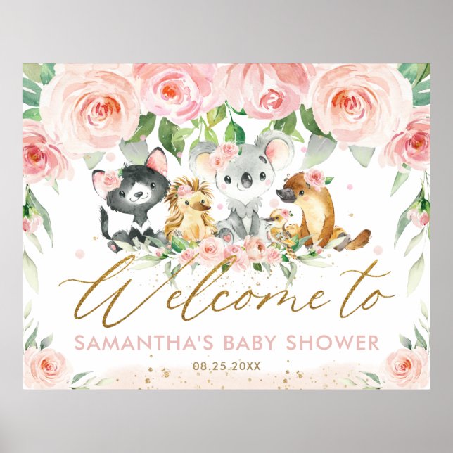 Poster Australie Animaux rose Baby shower Floral Bienvenu (Devant)
