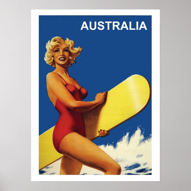 Poster Australie, fille surfeuse sur la plage, vintage (Devant)