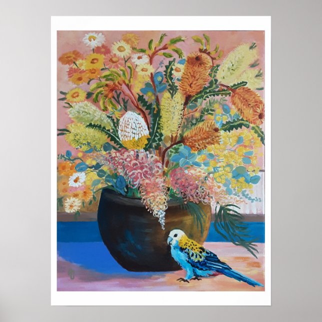 Poster Australien Rosella et fleur sauvage à tête pâle (Devant)