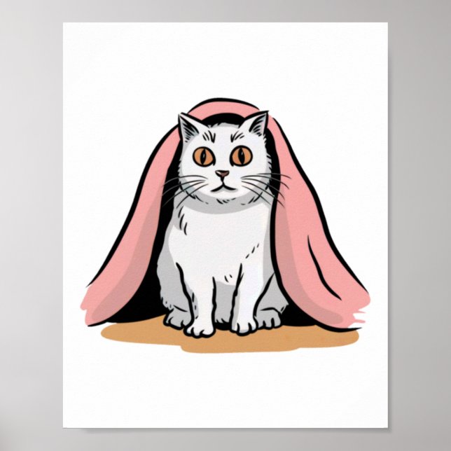 Poster Autocollant Chat Blanc Sous Une Couverture Rose  (Devant)