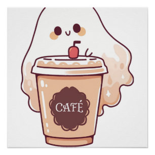 Poster Autocollant Fantôme Heureux Aime Café