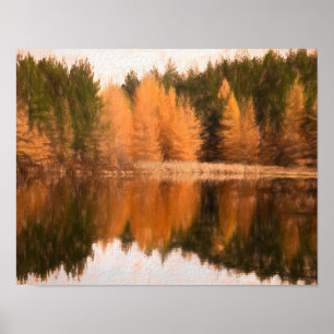 Poster Automne Arbres Lac Orange Automne Thème Sketch Art