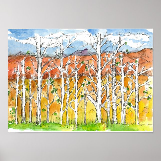 Poster Automne Aspen Tree Grotte Aquarelle Art (Devant)