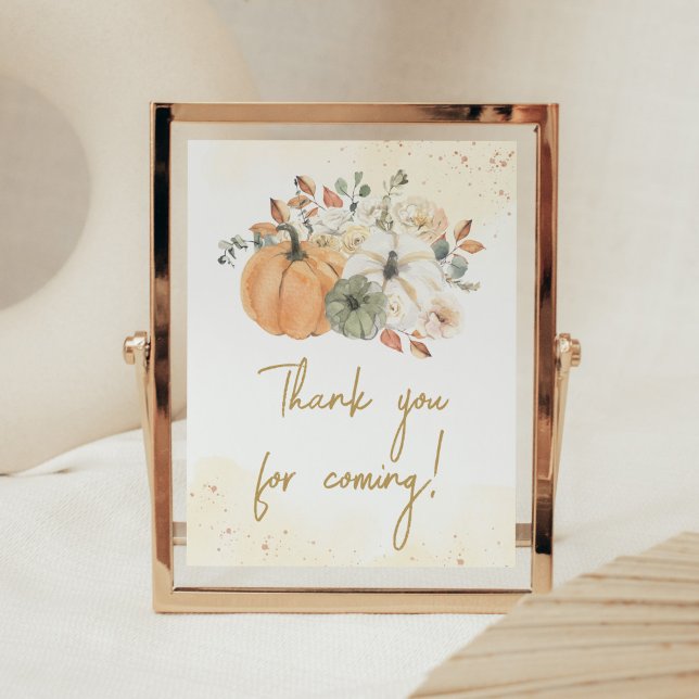 Poster Automne automne Citrouille floral Merci pour venir (A Little Pumpkin Baby Shower Thank you for Coming Sign)