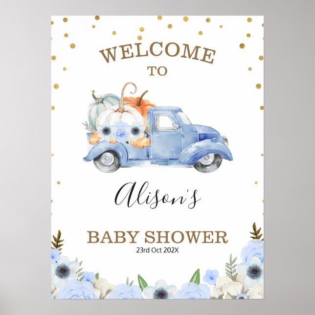 Poster Automne Blue Floral Citrouille Baby shower de cami (Devant)