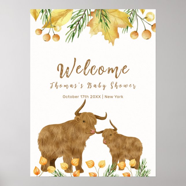 Poster Automne Boho Highland Vache Baby shower Bienvenue (Devant)