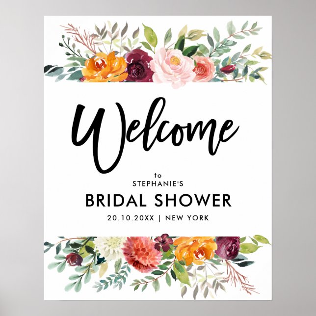 Poster Automne Bourgogne Blush Floral douche nuptiale bie (Devant)