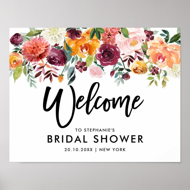 Poster Automne Bourgogne Blush Floral douche nuptiale bie (Devant)