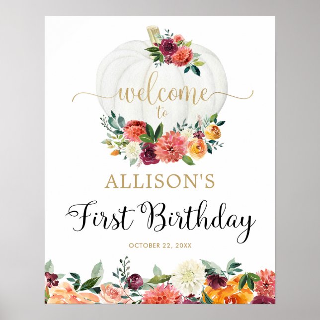 Poster Automne citrouille fleurie 1er anniversaire bienve (Devant)