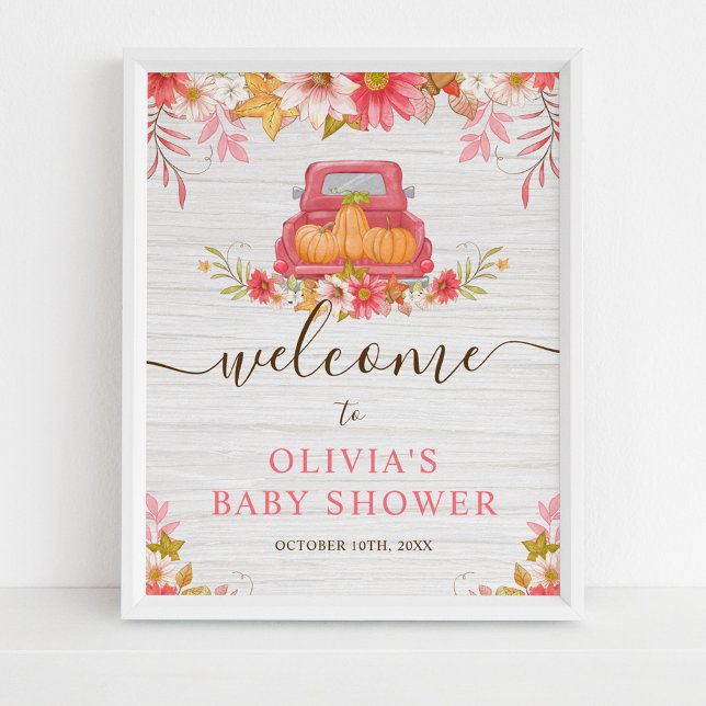 Poster Automne Citrouille Floral Truck Girl Baby shower B (Créateur téléchargé)