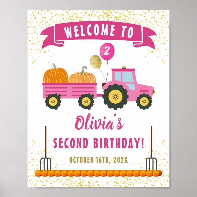 Poster Automne Citrouille Pink Tractor Girl Anniversaire  (Devant)