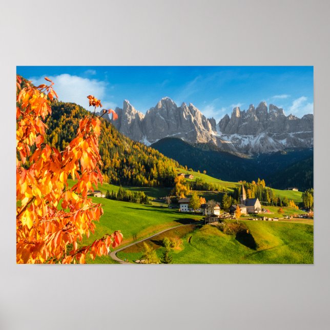 Poster Automne dans un paysage de Dolomites avec église (Devant)