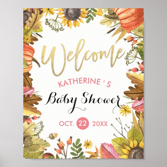 Poster Automne Feuilles et Baby showers Citrouilles Accue (Devant)