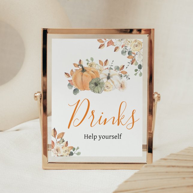 Poster Automne Floral Citrouille Baby shower Boissons (Autumn Pumpkin Baby Shower Drinks Sign)