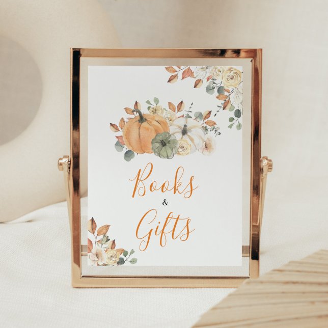 Poster Automne Floral Citrouille Baby showers Livres et C (Autumn Pumpkin Baby Shower Books and Gifts Sign)
