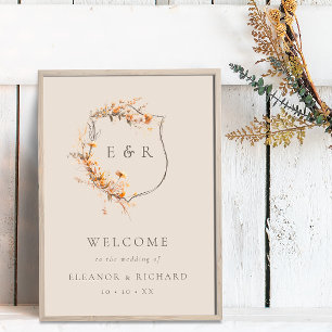 Poster Automne Floral Crest Monogramme Mariage Bienvenue
