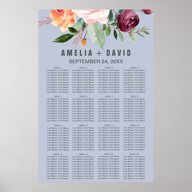 Poster Automne Floral Dusty Blue Seating Chart (Devant)