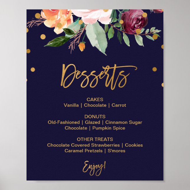 Poster Automne Floral Mariage Dessert Menu Signe (Devant)