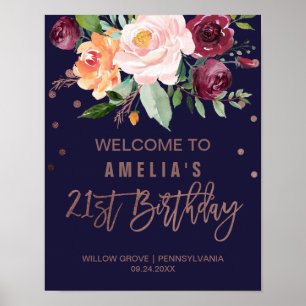 Poster Automne Floral Rose Gold 21e anniversaire Bienvenu