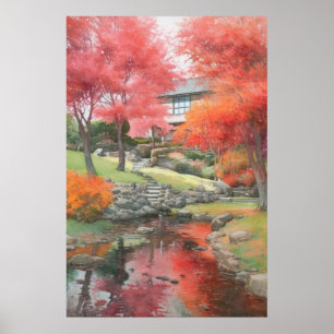 Poster Automne Japonais Moderne Jardin Aquarelle
