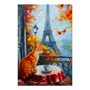 Poster Automne parisien Chat au gingembre dans un café