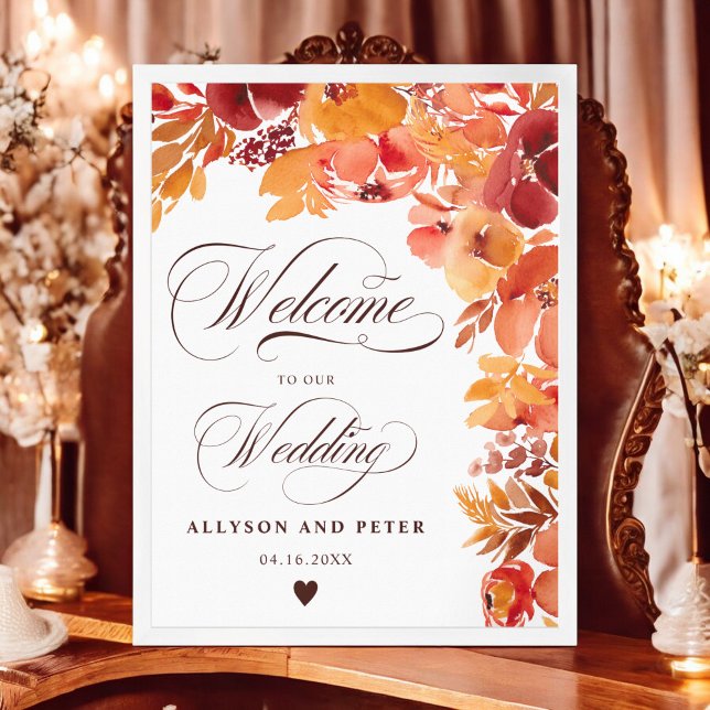 Poster Automne rustique peint boho fleuri mariage accueil (Fall rustic painted floral boho wedding welcome poster)