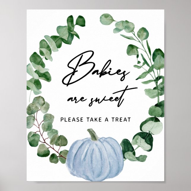 Poster Automne Vert Bleu Citrouille Bébés sont doux trait (Devant)