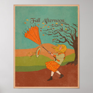 Poster Automne vintage Fille éolien avec parapluie