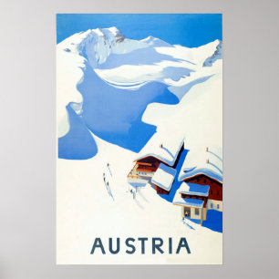Poster Autriche, ski, chalet dans les montagnes en hiver