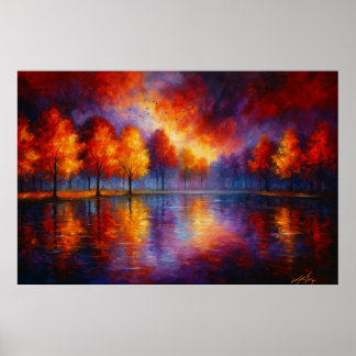 Poster Autumn Blaze Reflections - Vibrant Forest Sunset