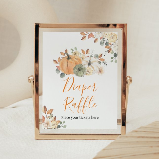 Poster Autumn Floral Citrouille Baby shower Déchets Raffl (Autumn Pumpkin Baby Shower Diaper Raffle Sign)