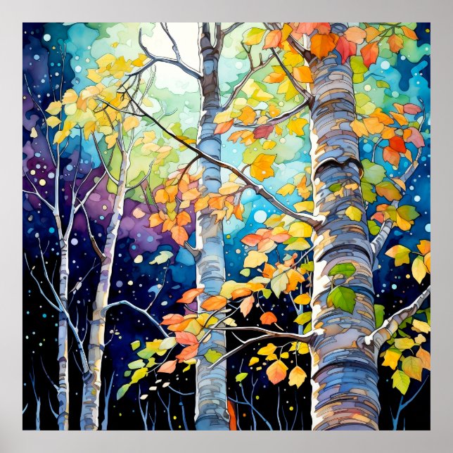 Poster Autumn Forest Night Painting (Devant)
