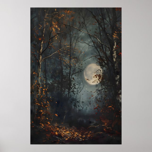 Poster Autumn Full Moon Dark Forest Art Print, Dark Cotta (Devant)