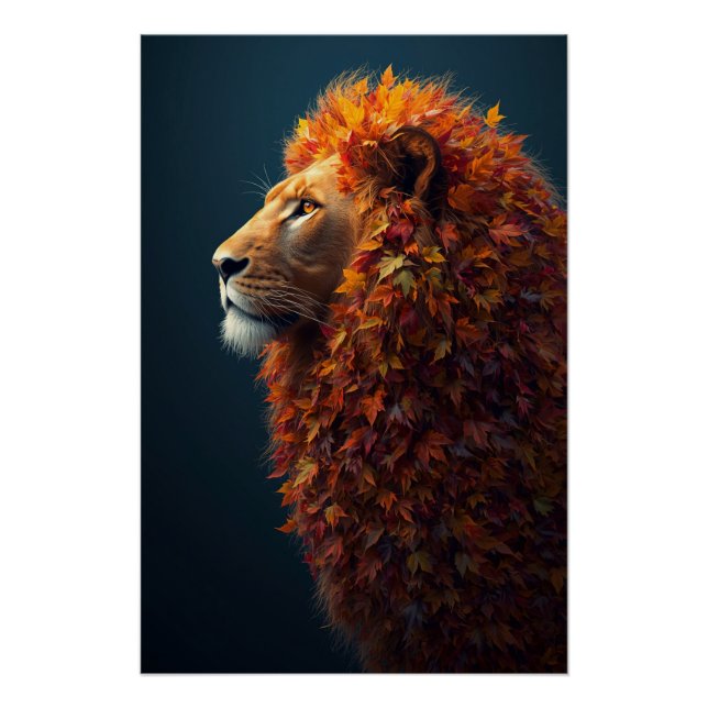 Poster Autumn Majesty – The Serene Lion of Falling Leaves (Devant)